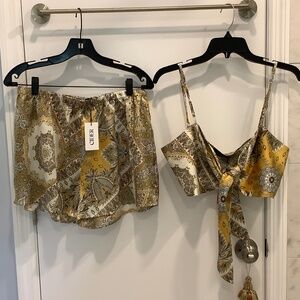 NWT Cider Boho Yellow Satin Paisley Bandeau tie top + High Waisted Shorts Set XL